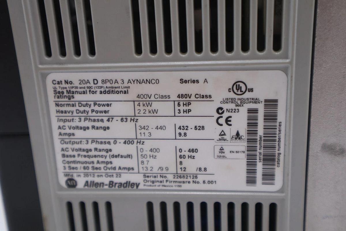 Used 20AD8P0A3AYNANC0 ALLEN BRADLEY POWERFLEX 70 5HP AC DRIVE 480 VOLT STOCK 3303