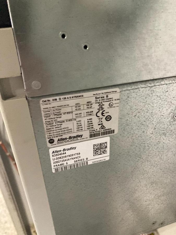 Used ELECTRICAL ENCLOSURE WITH 20BD125A0AYNANC0 Allen Bradley 100HP Powerflex 700