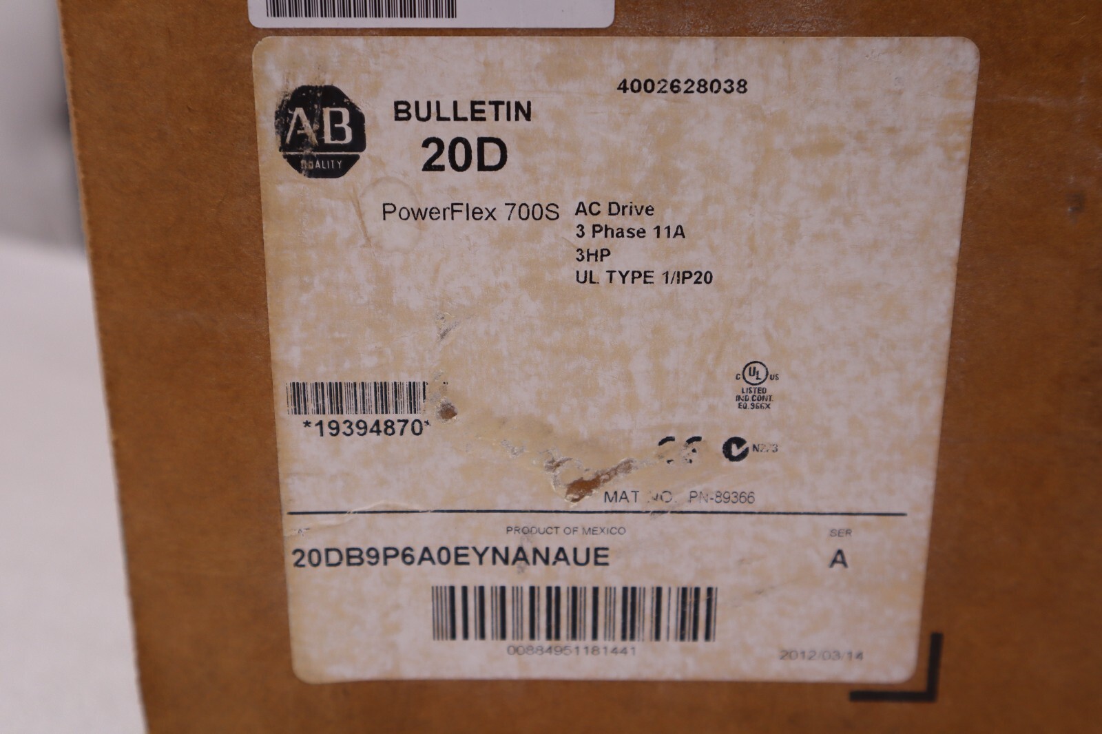 NEW ALLEN BRADLEY 20DB9P6A0EYNANAUE SER. A POWERFLEX 700S DRIVE 3 HP STOCK 4058