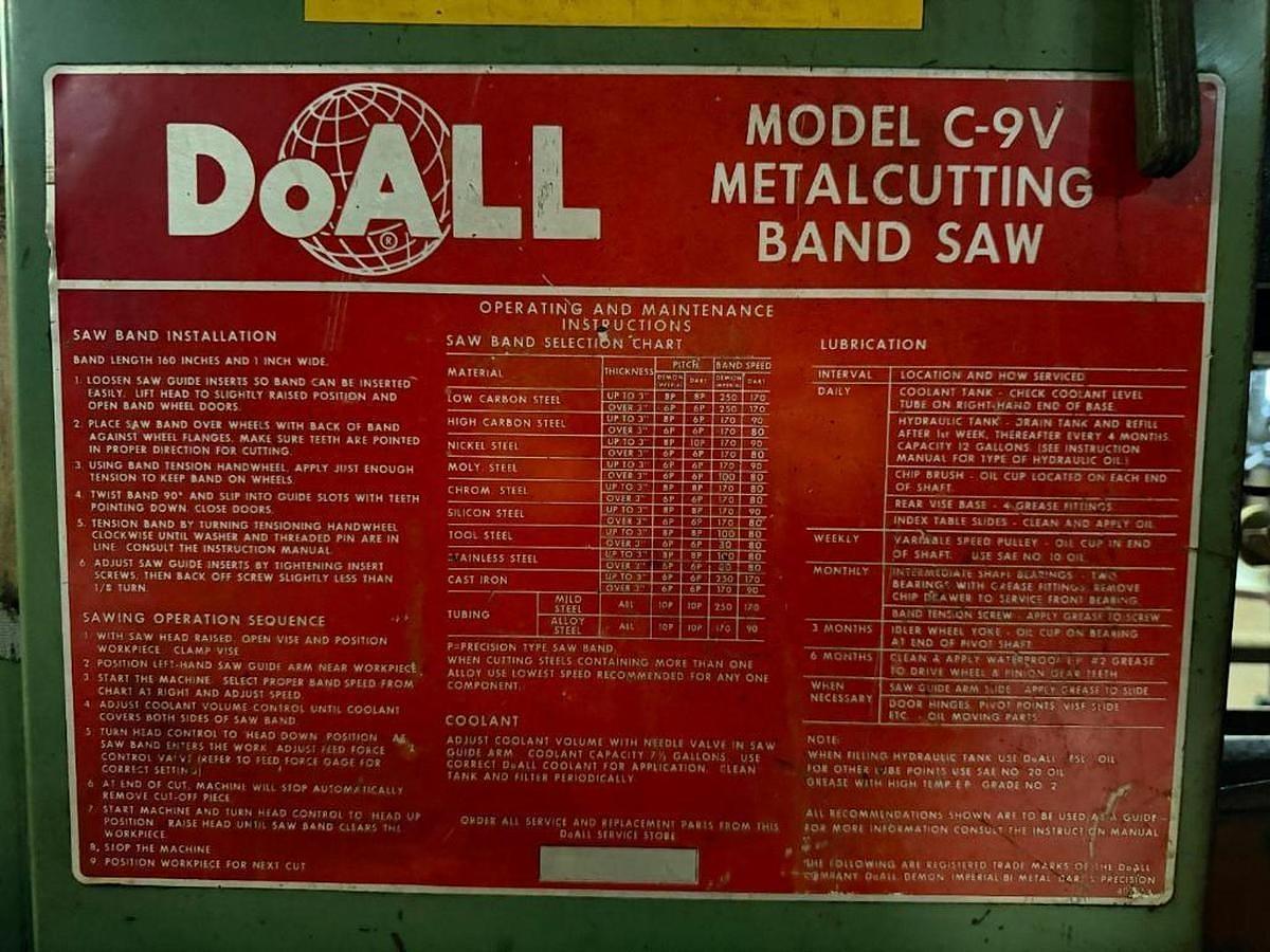 Used DOALL MODEL C-9V METALCUTTING BAND SAW