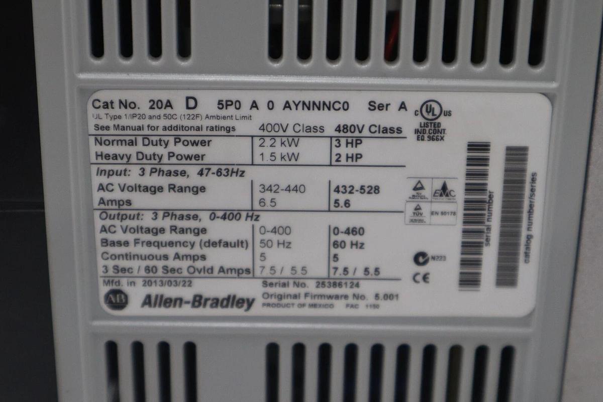Used Allen Bradley 20AD5P0A0AYNNNC0 PowerFlex 70 Variable AC Drive VFD 3Hp STOCK H173