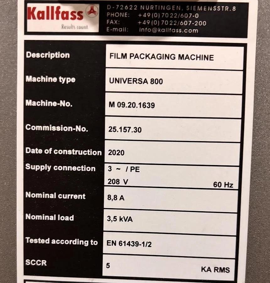 Used KALLFASS UNIVERSA 800 AUTOMATIC SIDE SEAL SHRINK WRAP SYSTEM MFG 2020