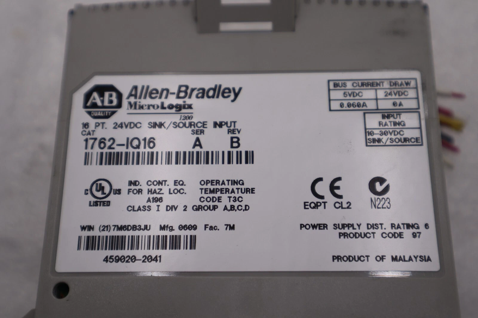 Used ALLEN BRADLEY 1762-IQ16 SER B MicroLogix 24VDC Input Module STOCK L-491C