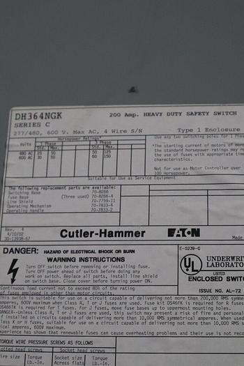 Used CUTLER HAMMER DH364NGK 200 amp 600v HEAVY DUTY SAFETY SWITCH STOCK 835A