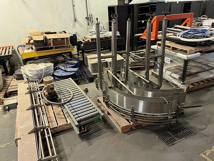 Used Stainless steel case and pallet conveyor to feed palletizer