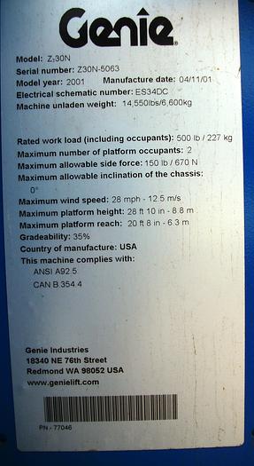 Used Lift, Boom, Genie, Z30, 12'8" High, 21' Reach, #S741436