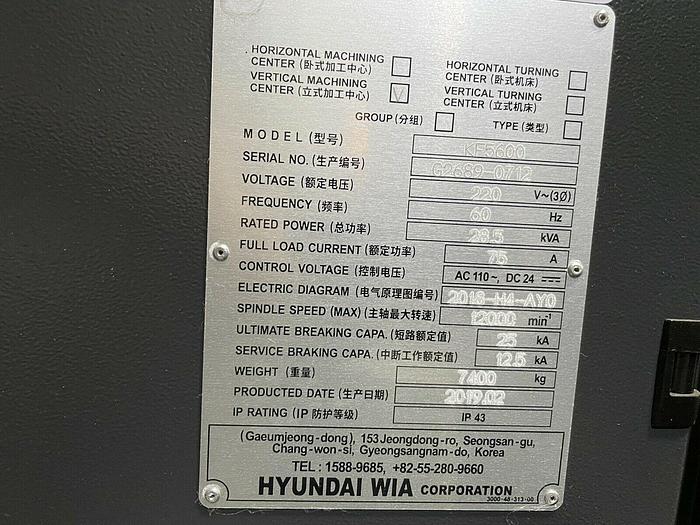 Used 2019 HYUNDAI WIA KF5600 4-Axis CNC Vertical Machining Center