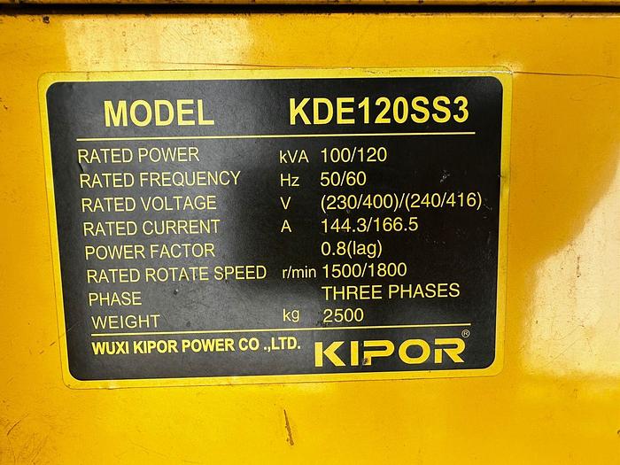 Used 120 KVA KIPOR 400 VOLT DIESEL GENERATOR (VERY GOOD OPERATIONAL)