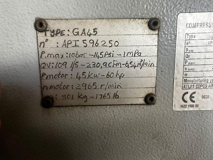 Used 45KW 10XBAR ATLAS COPCO COMPRESSOR UNIT (NOT TESTED)