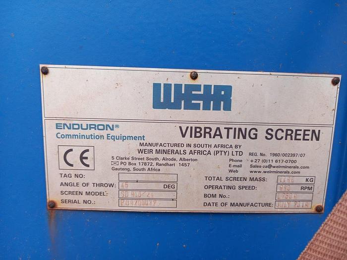Used WEIR VIBRATING SCREEN WITH 2 X 2.3 KW DELTECH VIBRATING MOTORS (NOT TESTED)