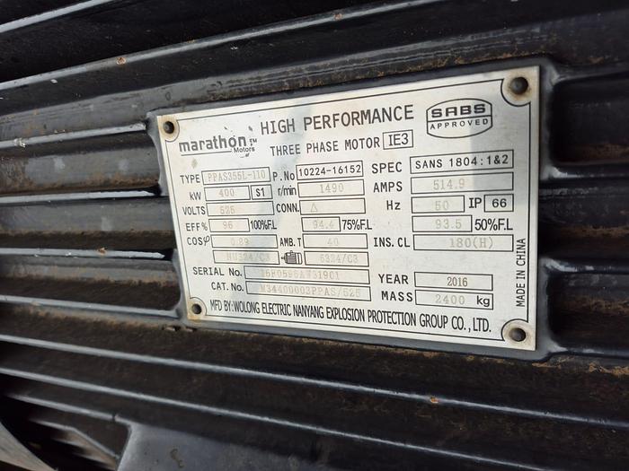 Used MARATHON HIGH PERFORMANCE 3-PHASE (IE3) 400KW ELECTRIC MOTOR