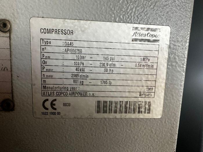 Used 45KW 10XBAR ATLAS COPCO COMPRESSOR UNIT (NOT TESTED)