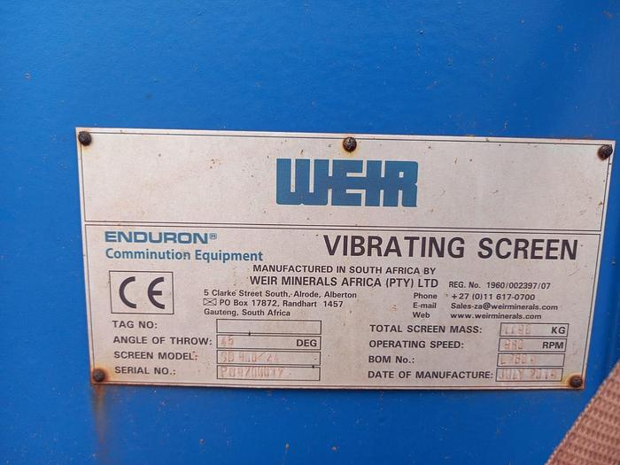 Used WEIR VIBRATING SCREEN WITH 2 X 2.3 KW DELTECH VIBRATING MOTORS (NOT TESTED)