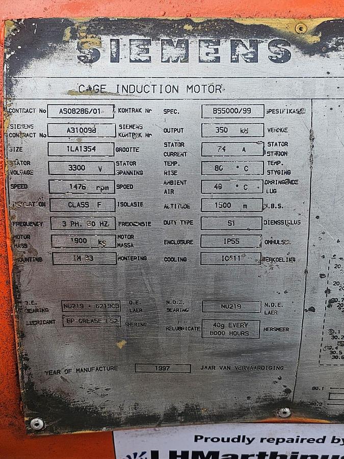 Used 350 KW SIEMENS ELECTRICAL MOTOR (VIBRATING MOTOR)(USED)