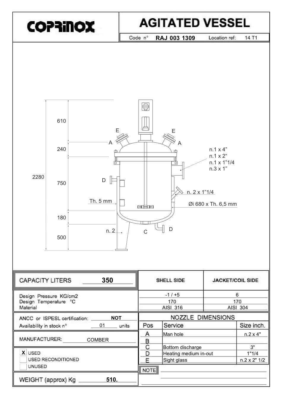 Usato Reattore COMBER da 350 Litri