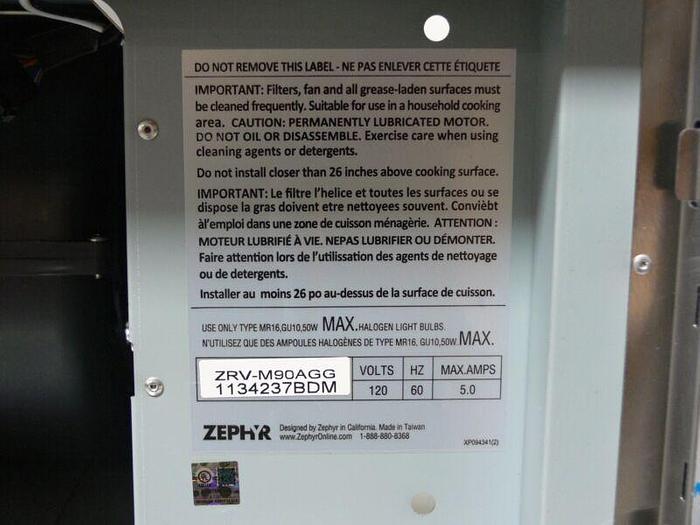 Used Zephyr Essentials Europa ZRVM90AGG 36 Inch Wall Mount Chimney Pro Range Hood