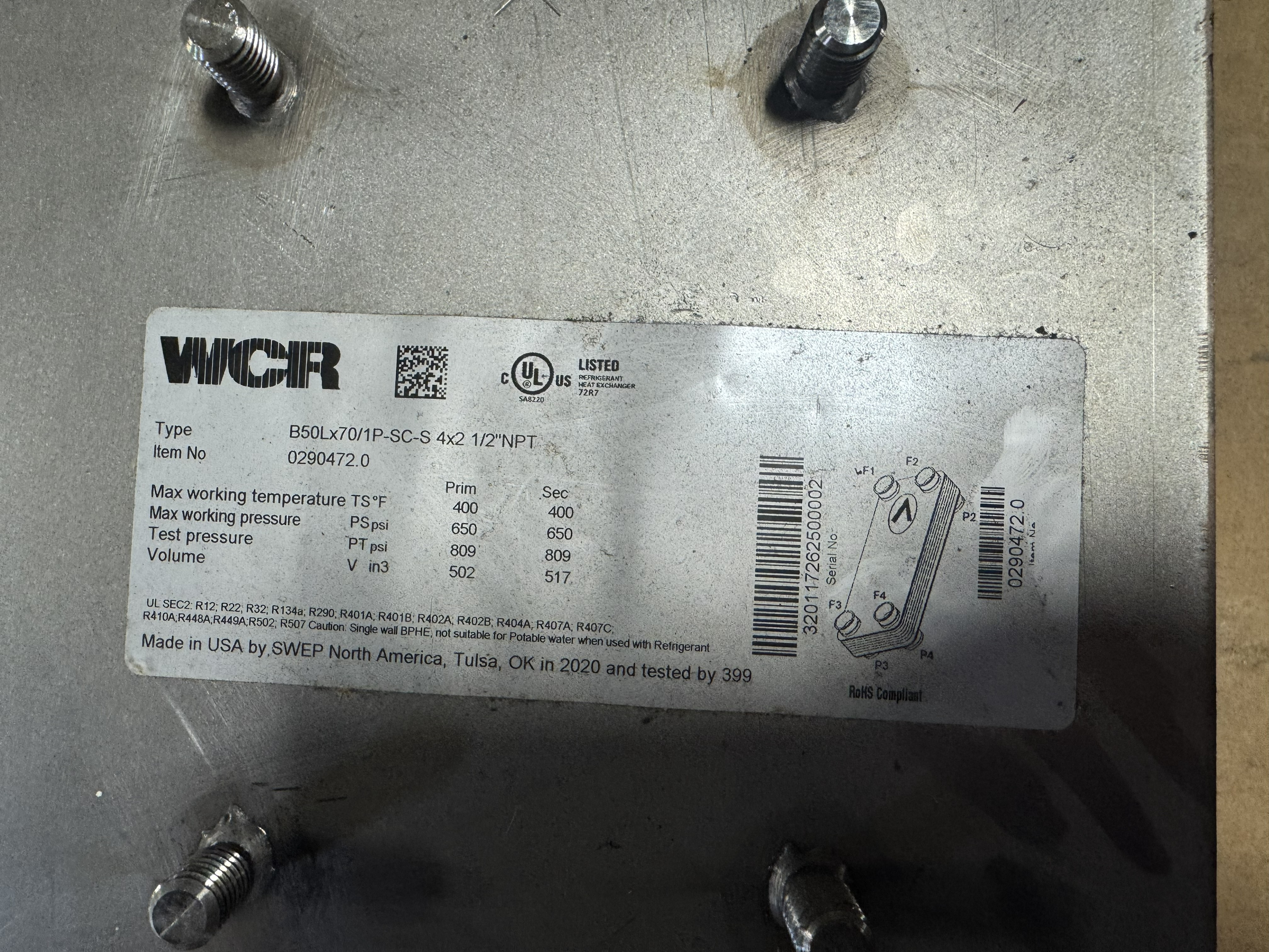 WCR BRAZED PLATE HEAT EXCHANGER