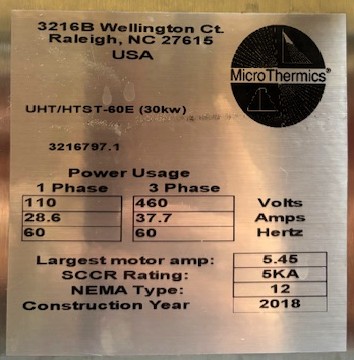 Used 2018 Microthermics UHT/HTST-60E (30kW) w/ Extended Hold Cabinet