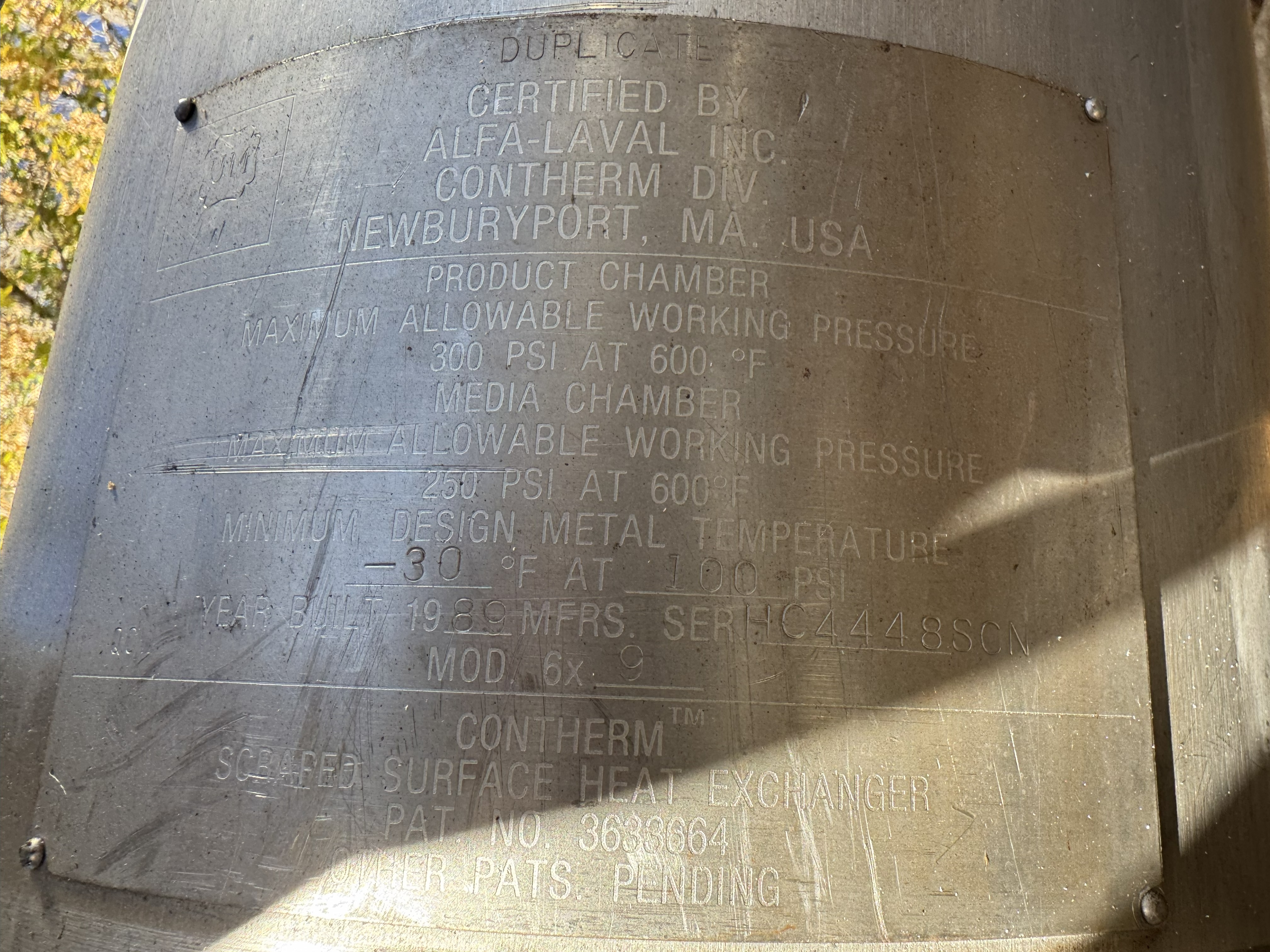 Used CONTHERM SCRAPED SURFACE HEAT EXCHANGER