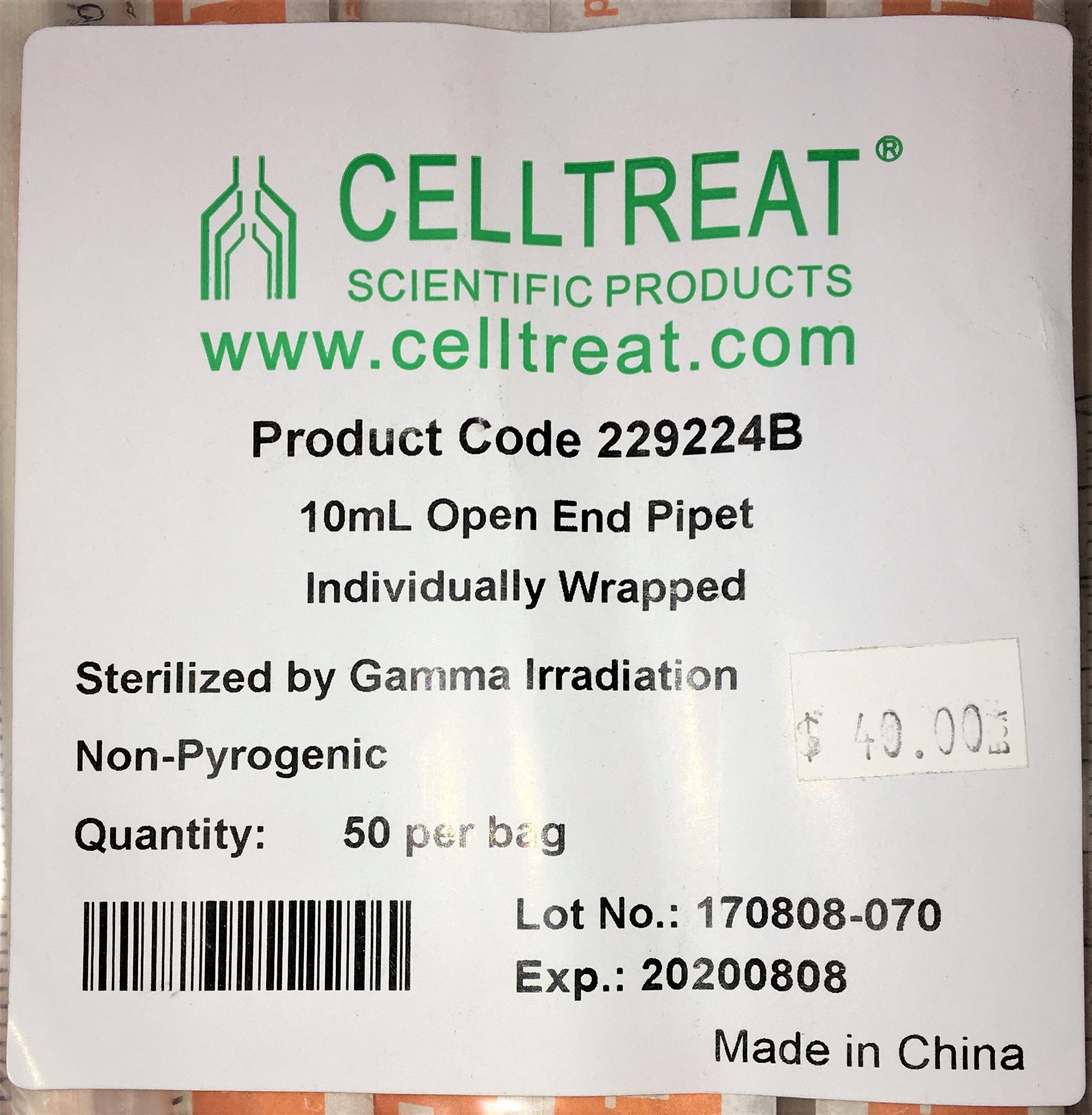New CellTreat 229224B Open-End Serological Pipet - 10mL (Pack of 50)