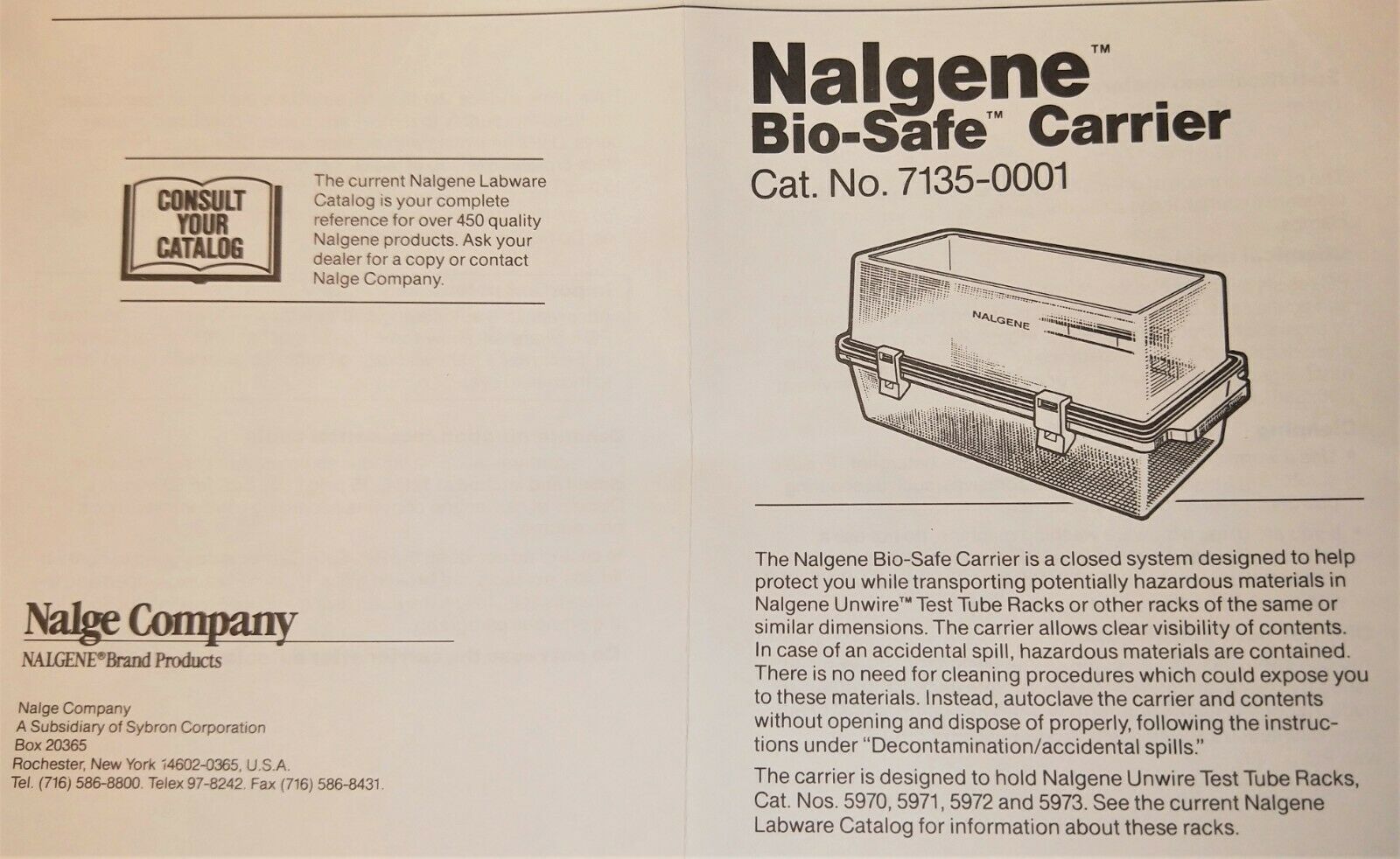 New open box Nalgene Bio-Safe 7135-0001 Polycarbonate Biotransport Carrier