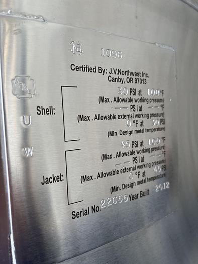 Used Tank, 1,550 Gallon, S/st, Jkt, 50 BBL Brite Tank, JVNW #S744691
