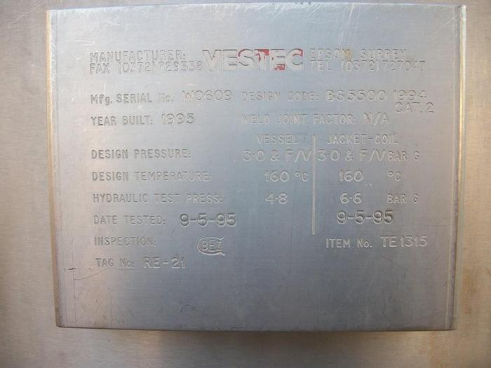 Used Tank, 280 Gallon, S/st, Jkt, 30 PSI, Agit, Coils, DT/DBTank, 280 Gallon, S/st, Jkt, 30 PSI, Agit, Coils, DT/DB #S741545