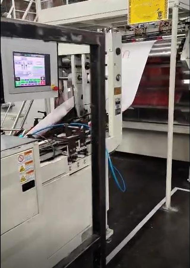 Used (visible in production) 2013 HOLWEG WEBER 5XF - Roll fed square bottom paper bag malking machine with TWISTED handles unit