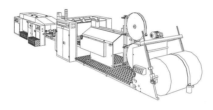 Used (visible in production) 1995 CURIONI SUN MASTER 540 - Reel fed Square bottom paper bag making machine with in line twisted handle unit