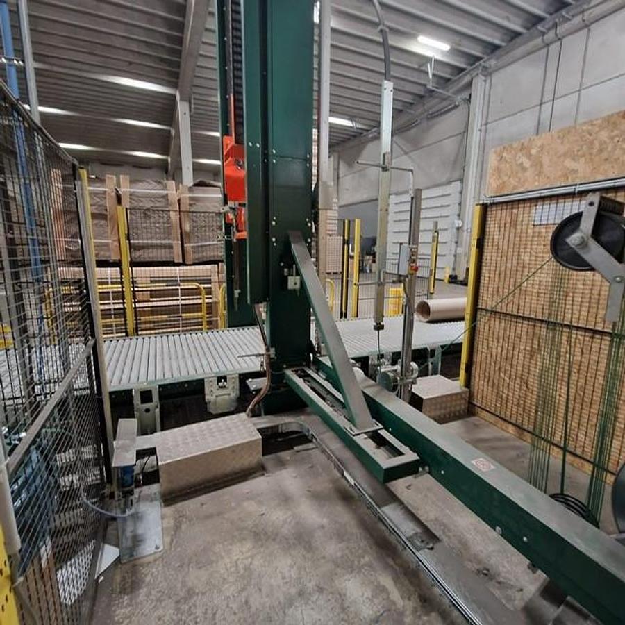 Used (assembled but no longer visible in production) 2019 Vertical strapping machine from OMS type 08RP with TR1400 strapping head
