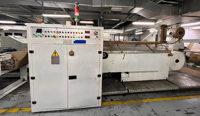 Used (visible in production) 1996 CURIONI SUN MASTER 540 Reel fed Square bottom paper bag making machine with in line twisted handle unit