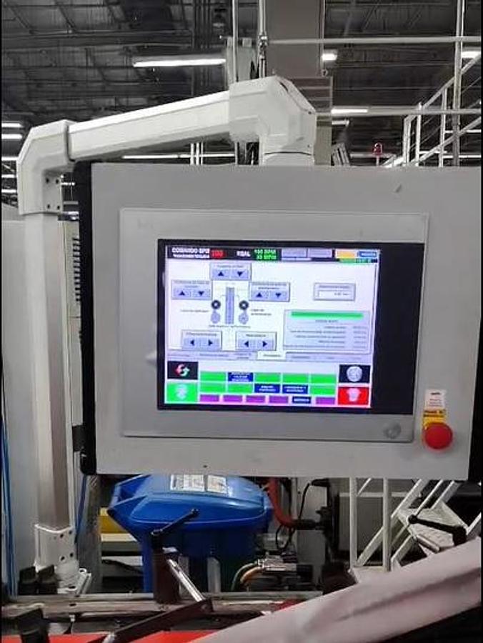 Used (visible in production) 2013 HOLWEG WEBER 5XF - Roll fed square bottom paper bag malking machine with TWISTED handles unit