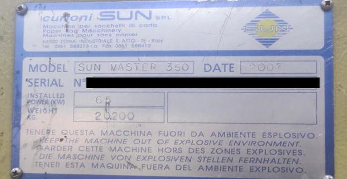 Used 2007 CURIONI SUN MASTER 350 (Gearless/Servo) paper bag making  machine with twisted handles units