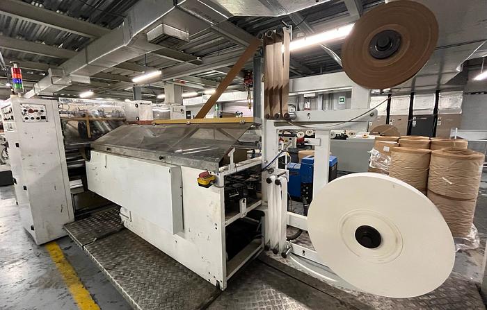 Used (visible in production) 1996 CURIONI SUN MASTER 540 Reel fed Square bottom paper bag making machine with in line twisted handle unit