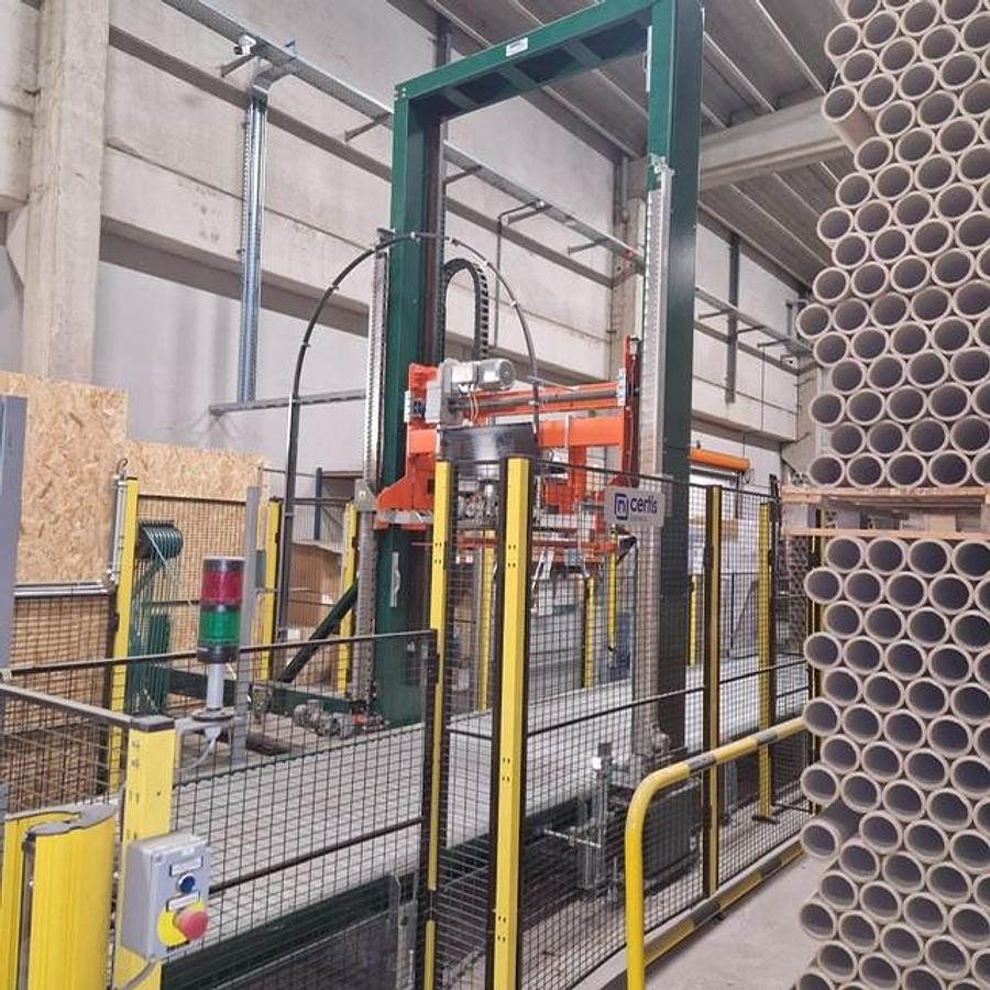 Used (assembled but no longer visible in production) 2019 Vertical strapping machine from OMS type 08RP with TR1400 strapping head