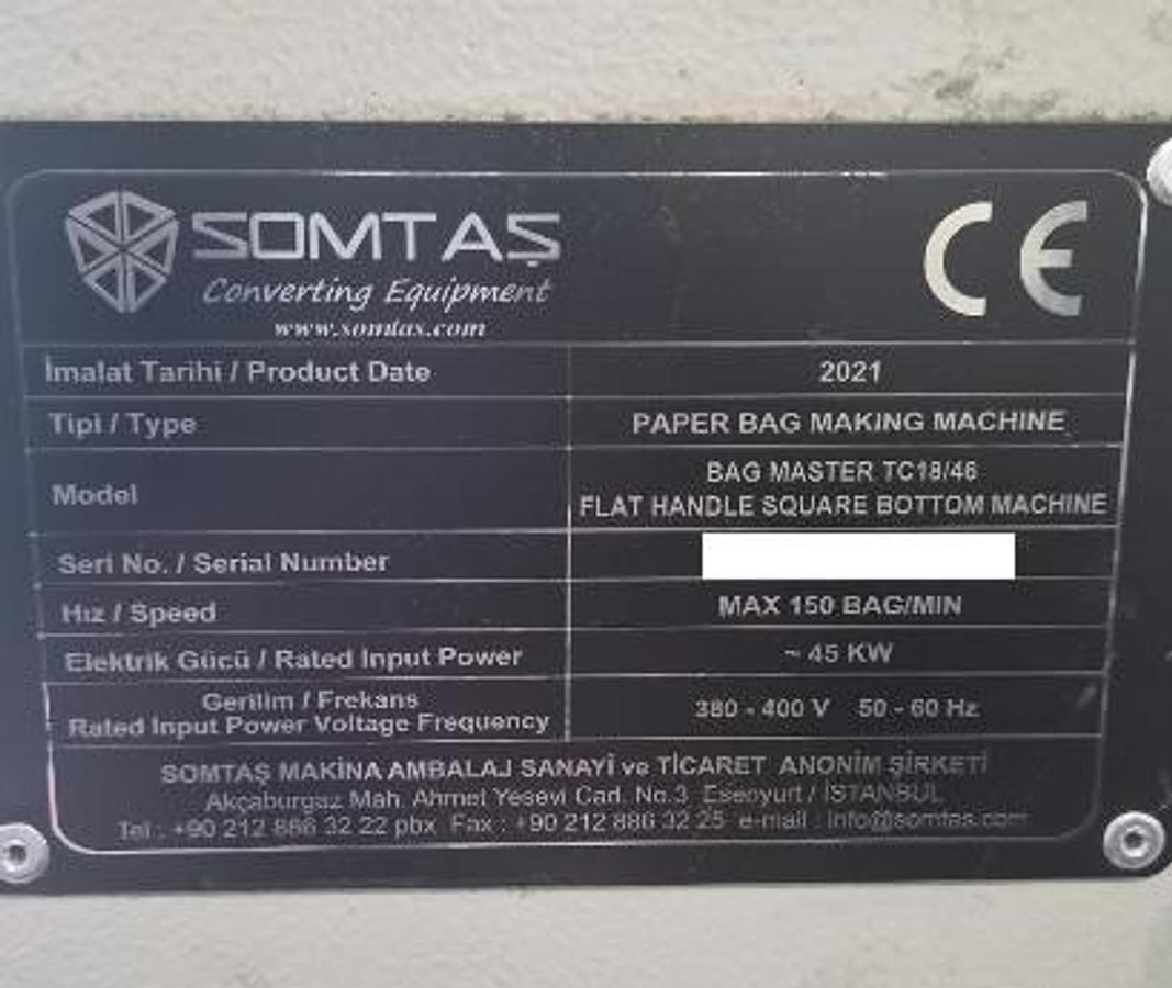 Used (visible in production) 2020 SOMTAS TC 18-46 FLAT HANDLE (Servo) - Square bottom paper bag making machine with FLAT handles