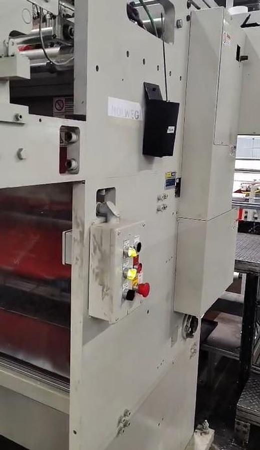 Used (visible in production) 2013 HOLWEG WEBER 5XF - Roll fed square bottom paper bag malking machine with TWISTED handles unit