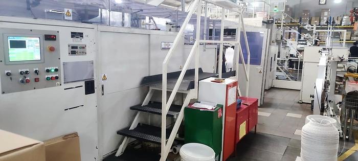 Used (visible in production) 2014 NEWLONG TS2746H + H607  -  Roll fed automatic square Bottom paper Bag Making Machine with in line twisted handle unit