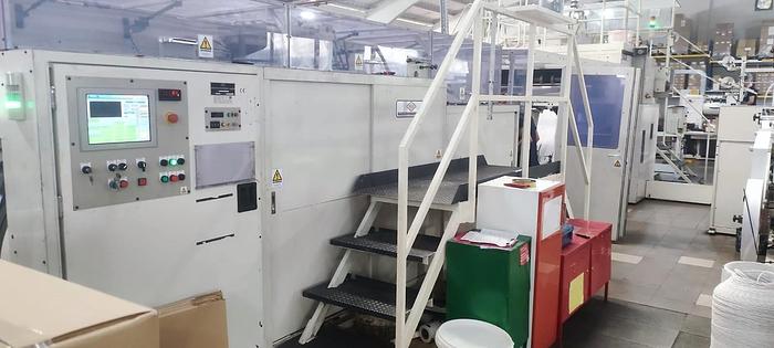 Used (visible in production) 2014 NEWLONG TS2746H + H607  -  Roll fed automatic square Bottom paper Bag Making Machine with in line twisted handle unit