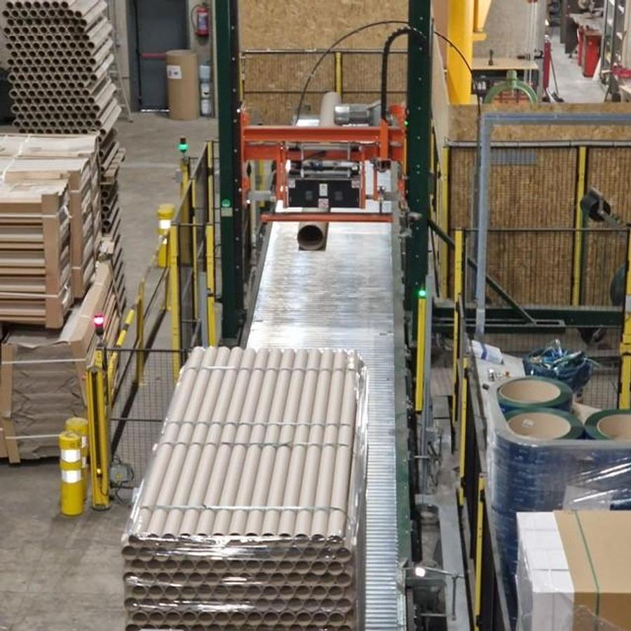 Used (assembled but no longer visible in production) 2019 Vertical strapping machine from OMS type 08RP with TR1400 strapping head