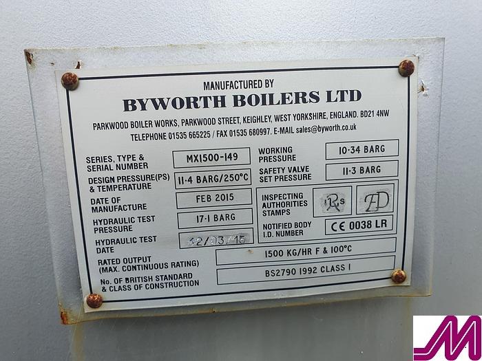 Used 2015 Byworth Boilers 1500 kg/hr Steam Boiler Skid Mounted