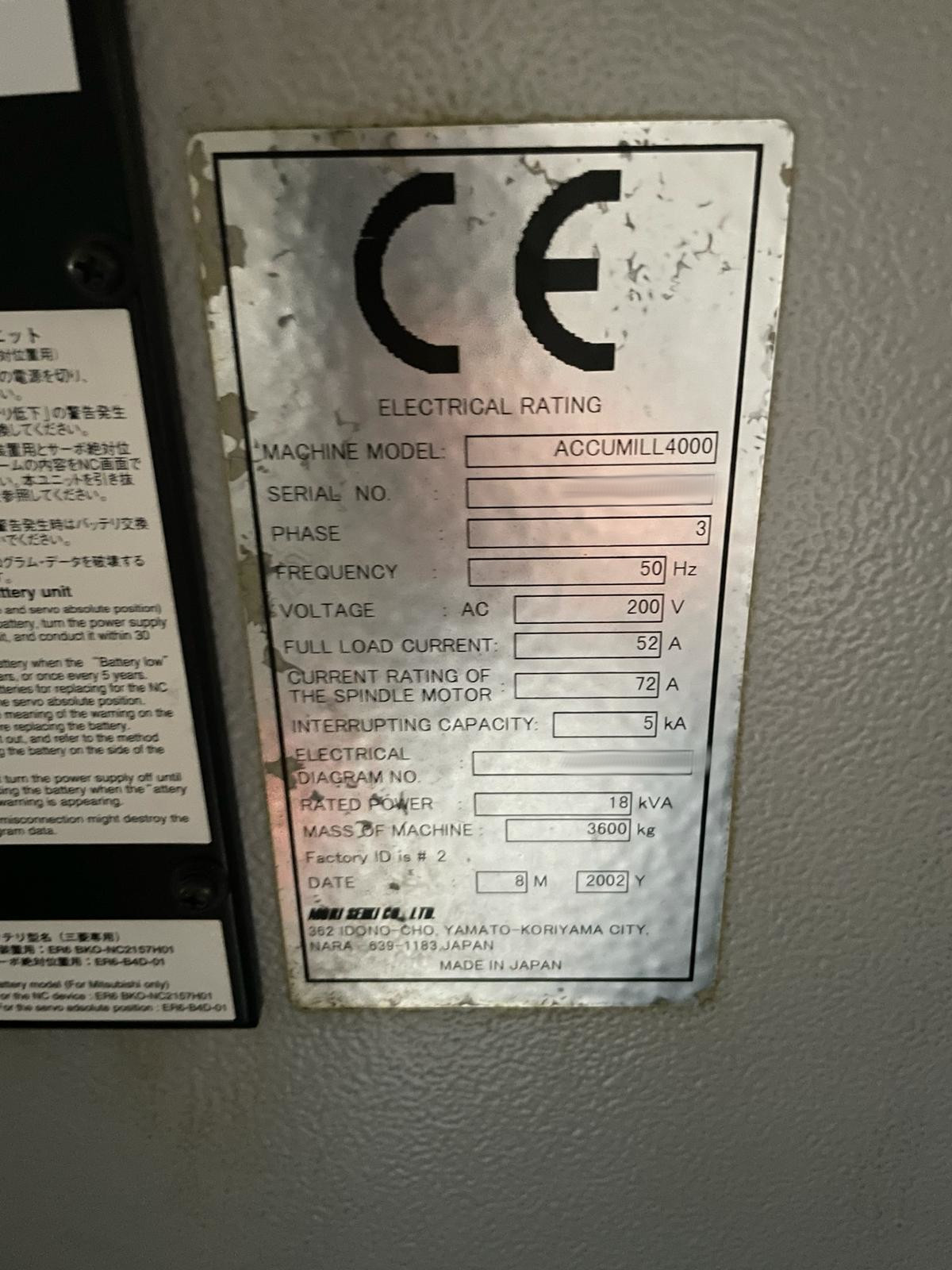 Used Mori Seiki ACCUMILL4000 I Vertical Machining Center I 2002