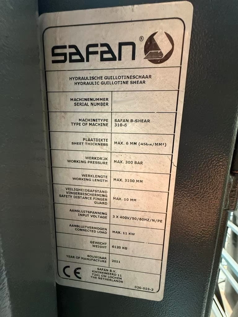 Used Safan B-Shear 310-6 I Guillotine Shear I 2011