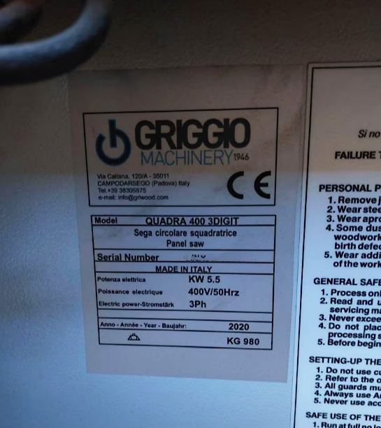 Used Griggio Quadra 400 3Digit - Sliding Table Saw - 2020