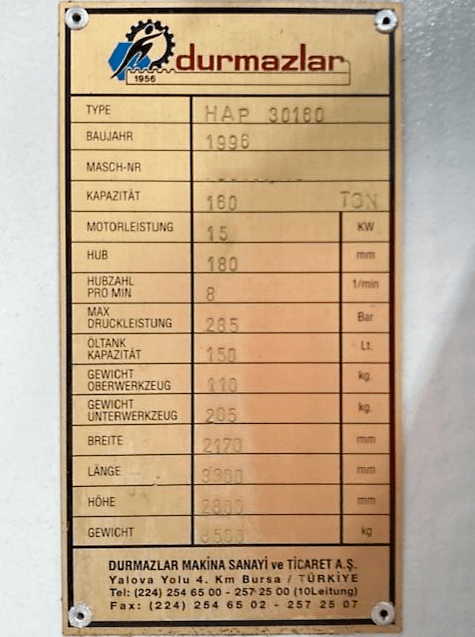 Usado Durma HAP 30160 - Prensa Doblez - 1996