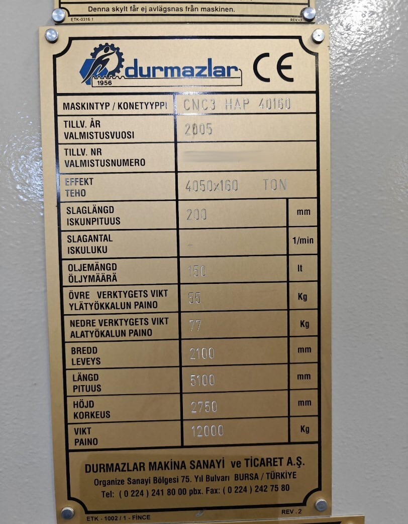 Used Durma CNC 3 HAP 40160 I Press Brake I 2005