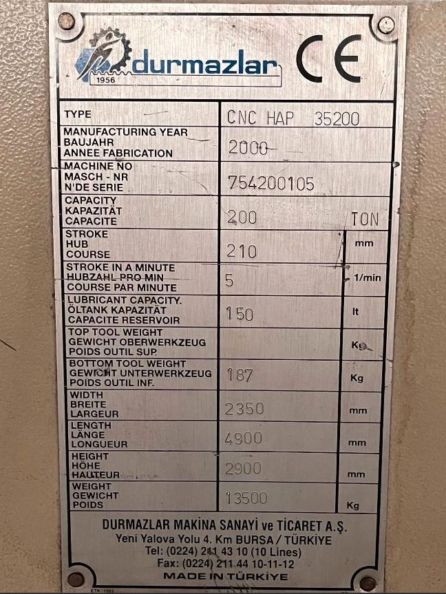 Used Durma CNC HAP 35200 I  Press Brake I 2000