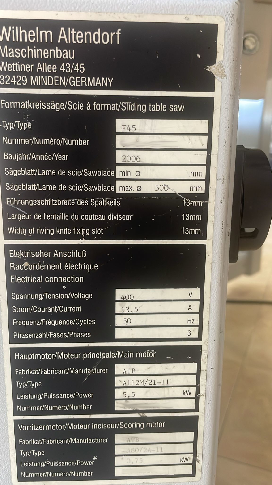 Used Altendorf F45 I Sliding Table Saw I 2006