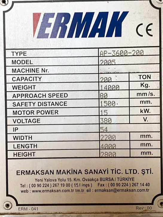 Used Ermak AP 3600 x 200 - Press Brake - 2005