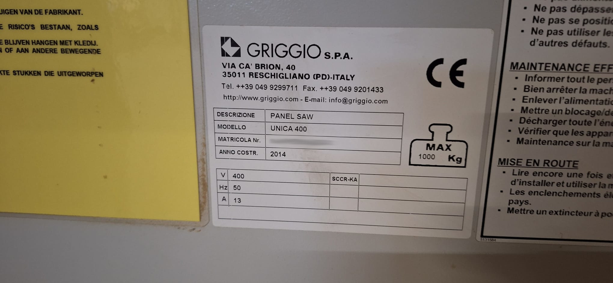 Used Griggio Unica 400 I Sliding Table Saw I 2014